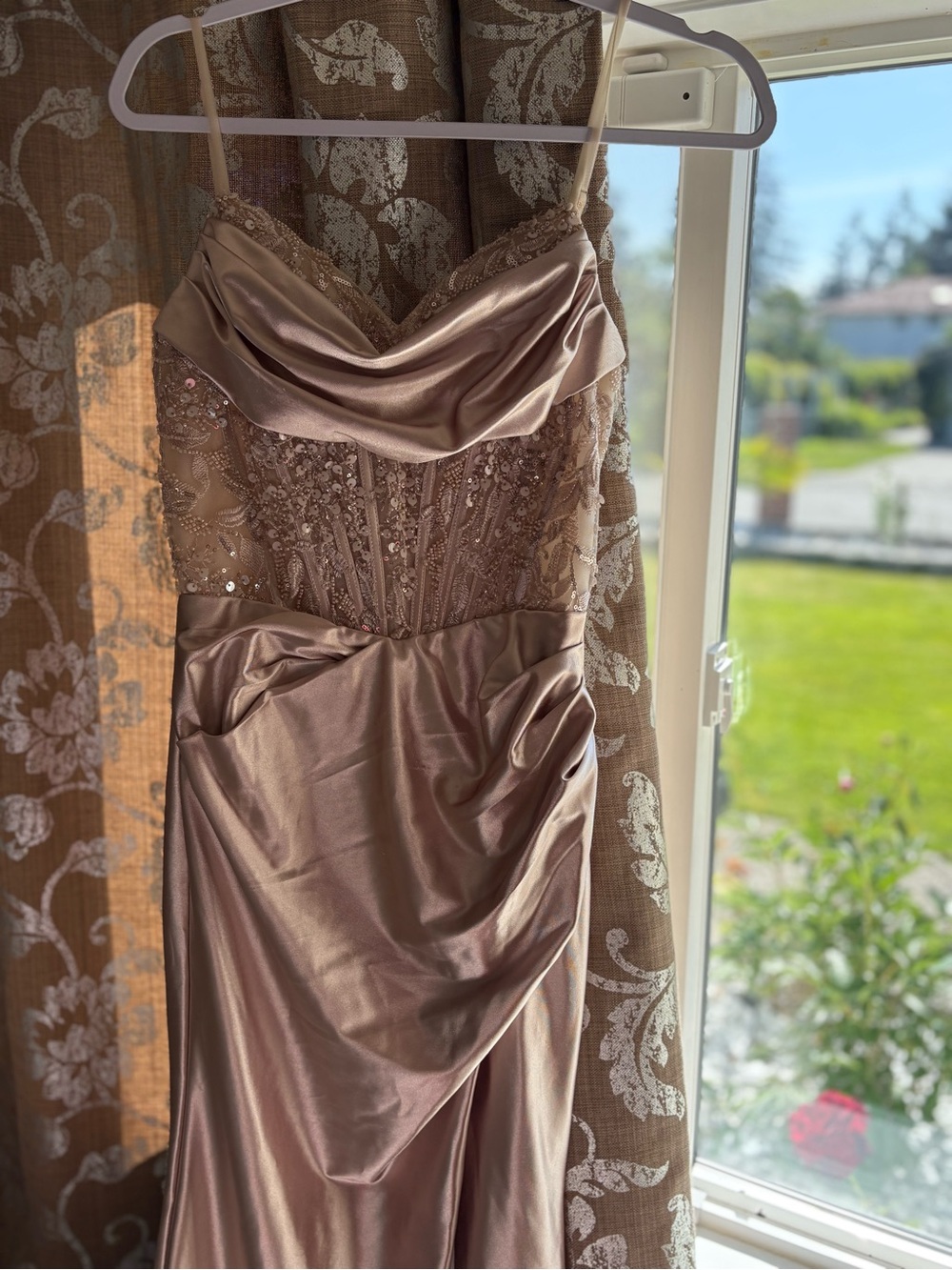 Satin Beaded Cowl Neck Prom Dress in Rose Gold